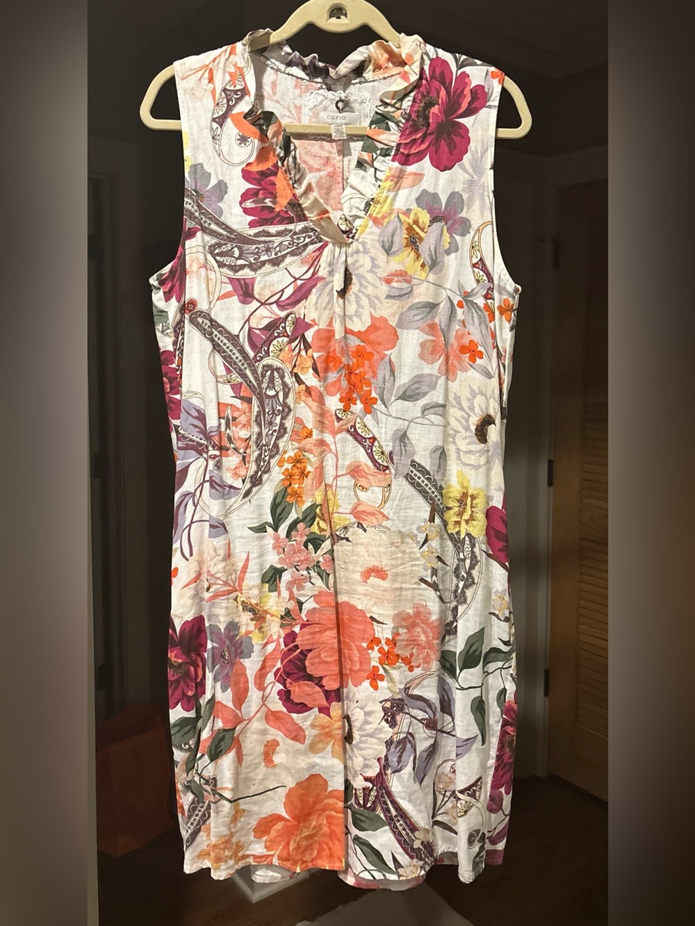 Cupio White Floral Sleeveless V-Neck Tunic with Burgundy, Orange & Yellow Blooms